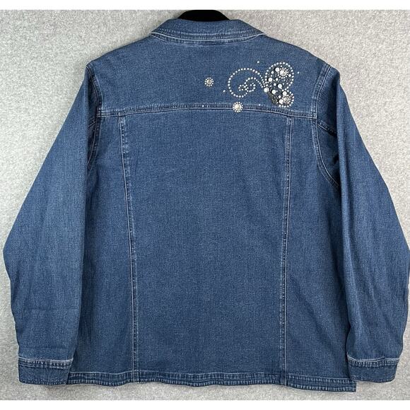 Quacker Factory Womens XL Denim Jacket Rhinestone Pearl Butterfly Embellished - Picture 4 of 16